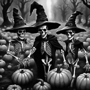 Taiche Acrylic Art - Three Skeletons Wearing Witches Costume In A Pumpkin Patch